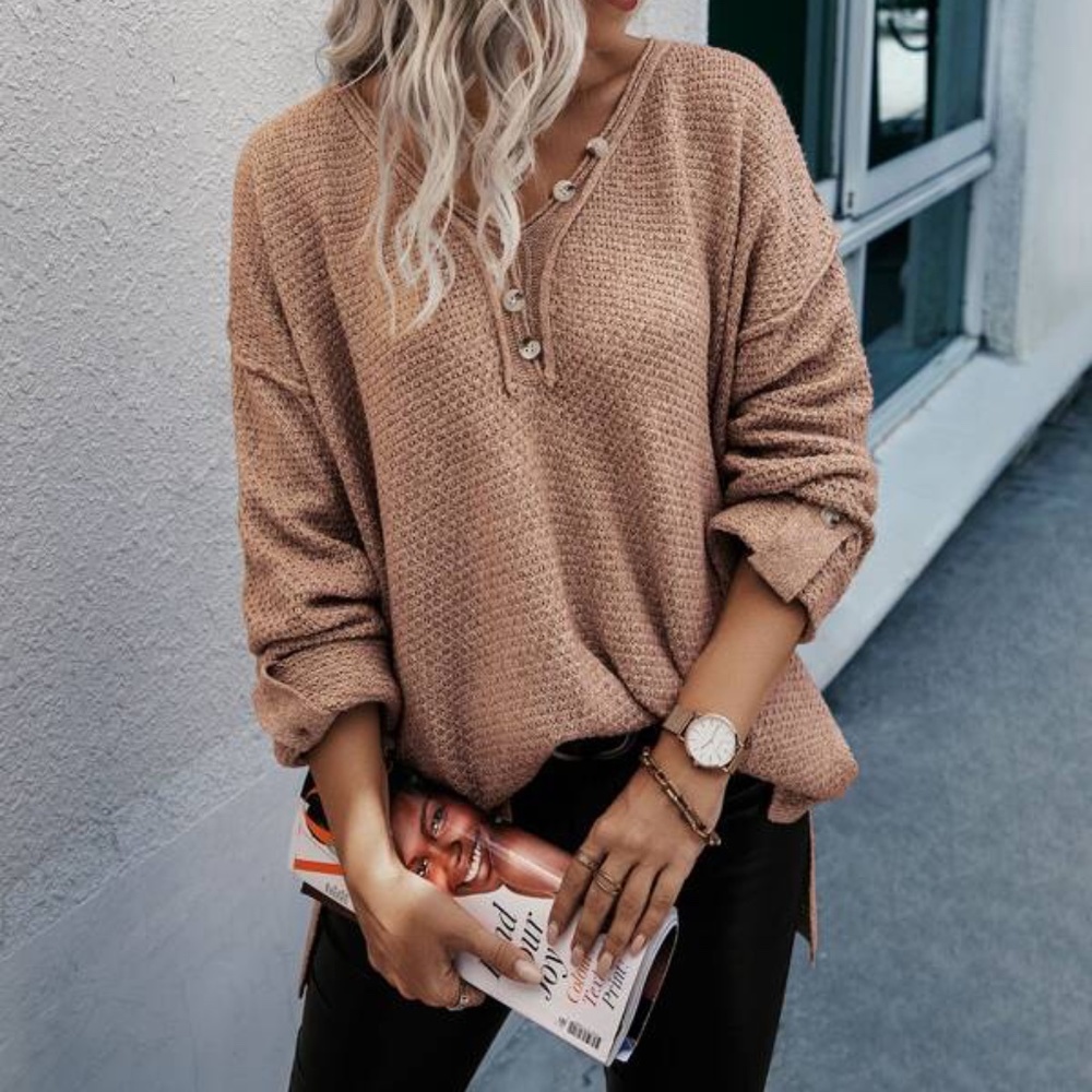 SOLD OUT Camel Textured Drop Shoulder Button Neckline Roll Tab Sleeve Knit - Picture 1 of 3